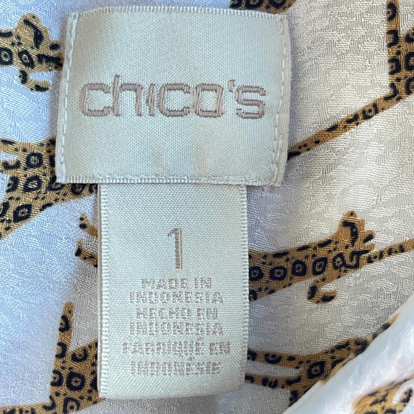 Chicos Cheetah Blouse Womens Size 1 White Brown Button Up Office Novelty Print - Picture 5 of 11